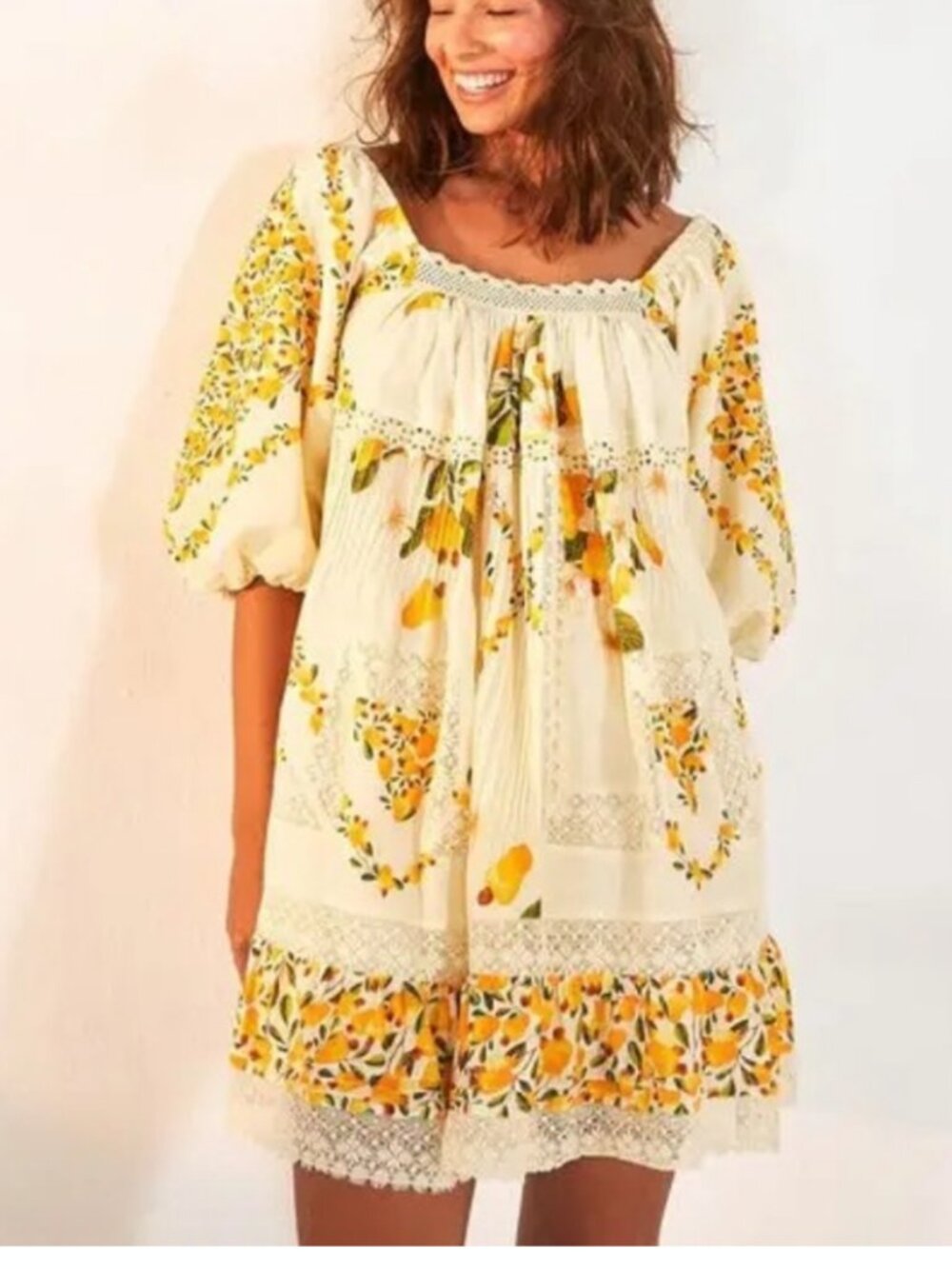 NWOT Farm Rio Cashew print lace/eyelet babydoll mini dress Sz M